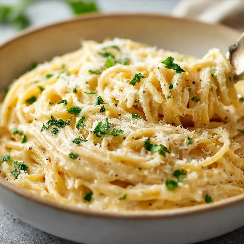 Delicious bowl of cheesy garlic parmesan spaghetti topped with fresh herbs