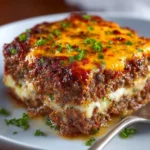 Cheesy meatloaf casserole baked to perfection with melted cheese topping.