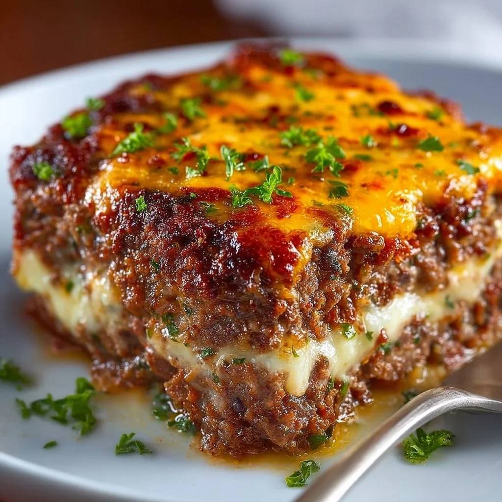 Cheesy meatloaf casserole baked to perfection with melted cheese topping.