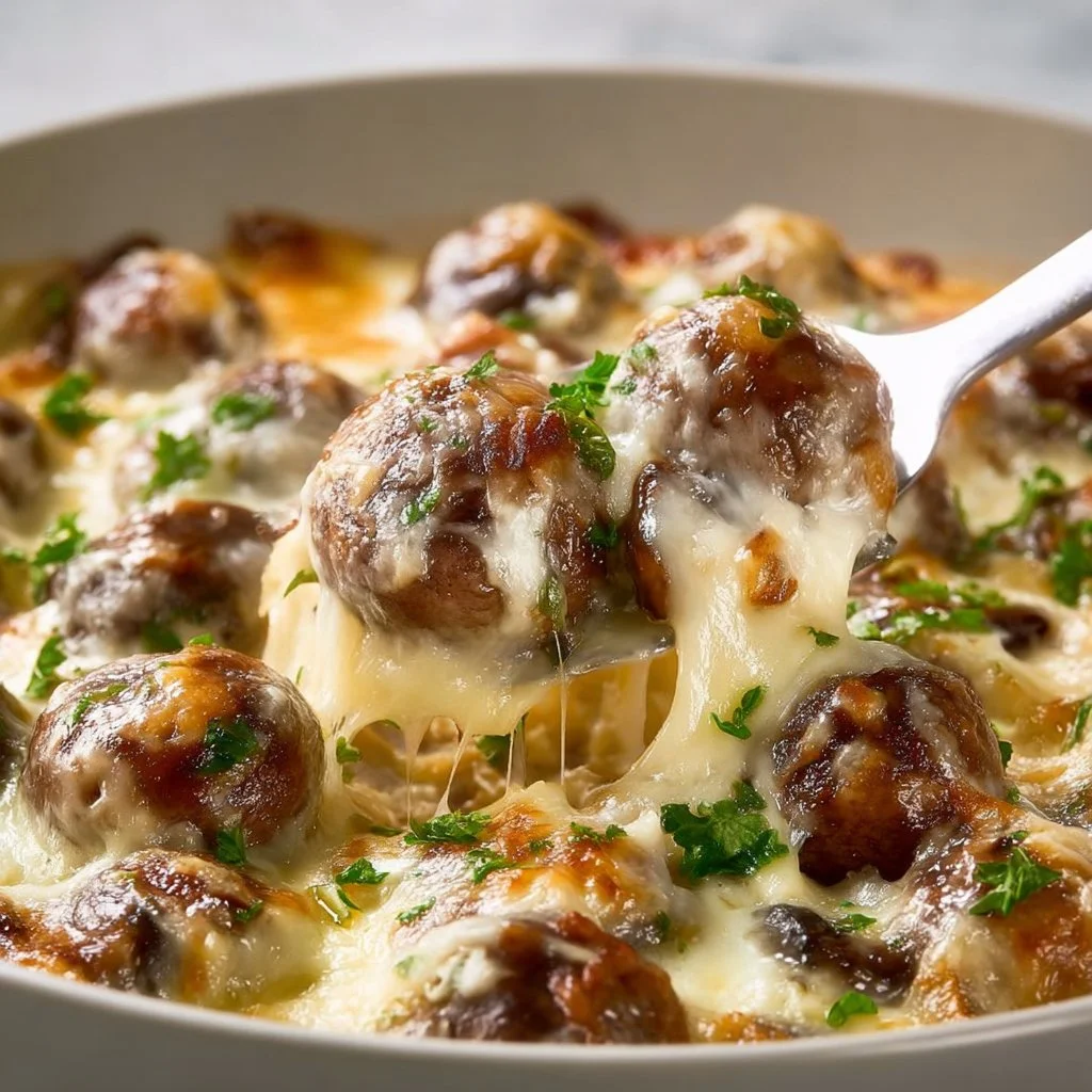 Delicious cheesy mushroom skillet dish served in a cast iron pan