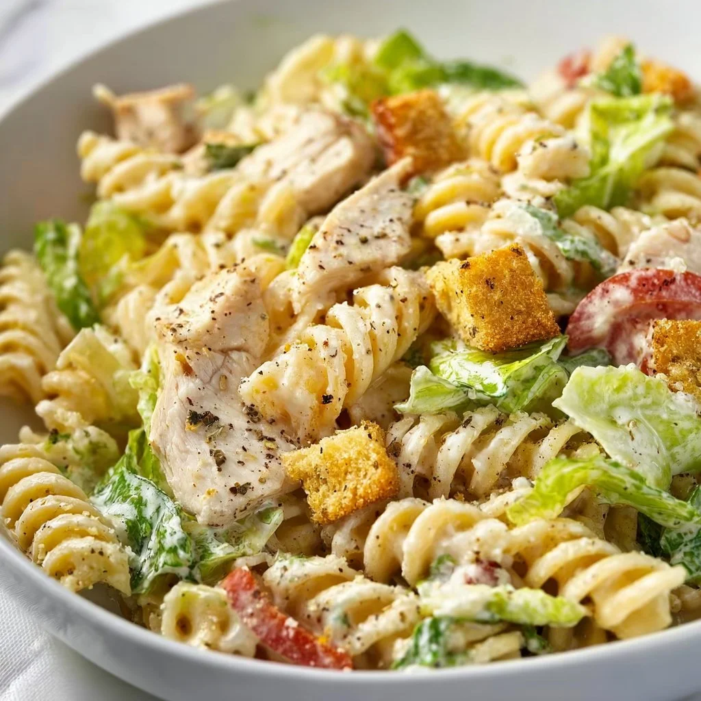 Delicious Chicken Caesar Pasta Salad with chicken, pasta, and Caesar dressing