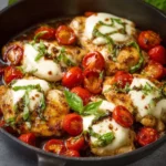 Chicken Caprese Skillet with mozzarella, tomatoes, and basil in a skillet