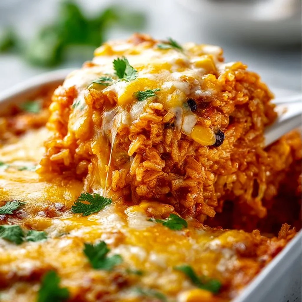 Delicious chicken enchilada rice casserole with melted cheese and toppings.