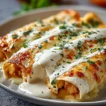 Delicious Chicken Enchiladas topped with sour cream and garnished with fresh herbs