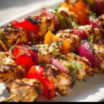 Grilled Chicken Kabobs served with fresh vegetables on skewers