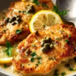 Plate of Chicken Piccata with lemon and capers garnished with parsley