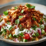 Chicken Shawarma Crispy Rice Salad with vibrant veggies and spices