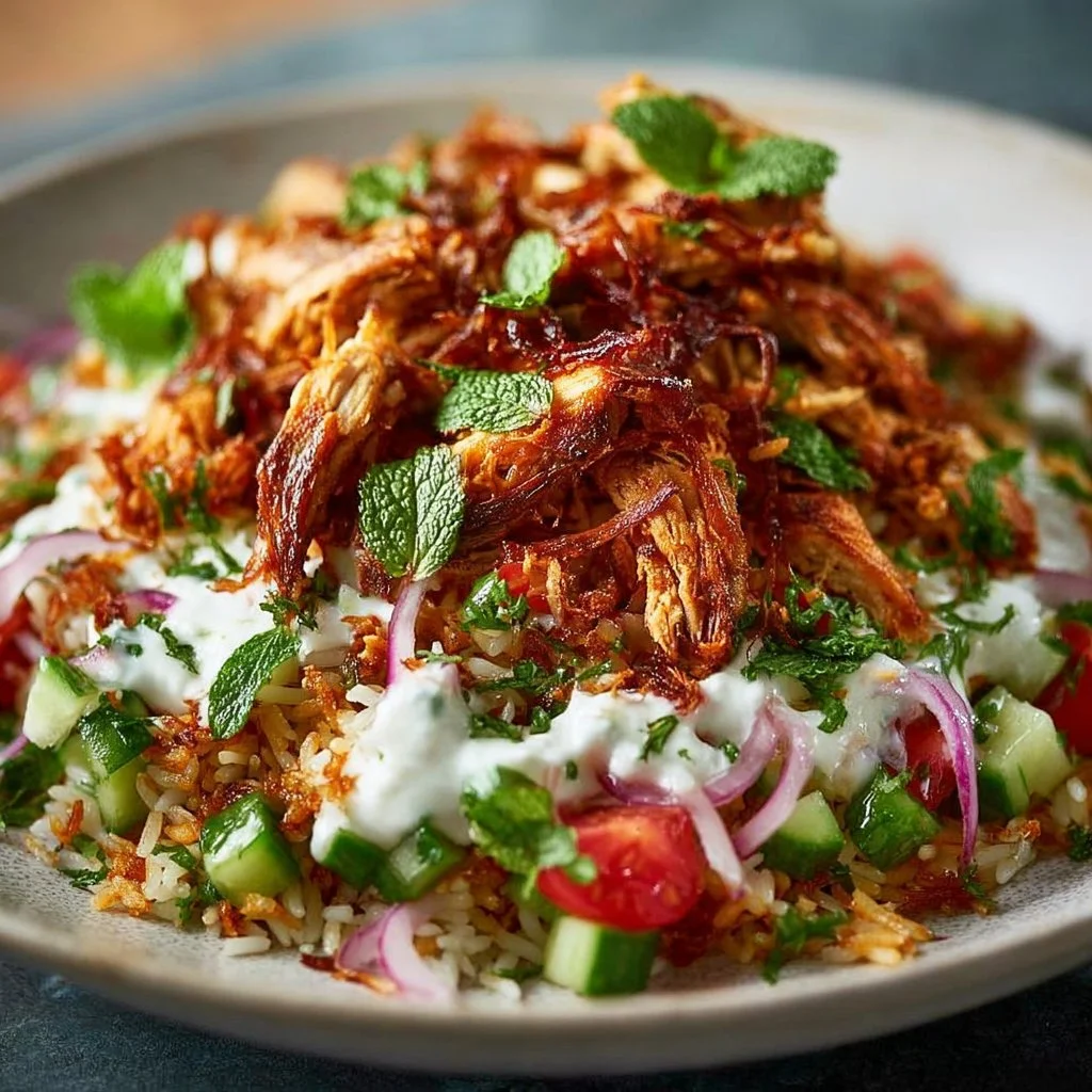 Chicken Shawarma Crispy Rice Salad with vibrant veggies and spices