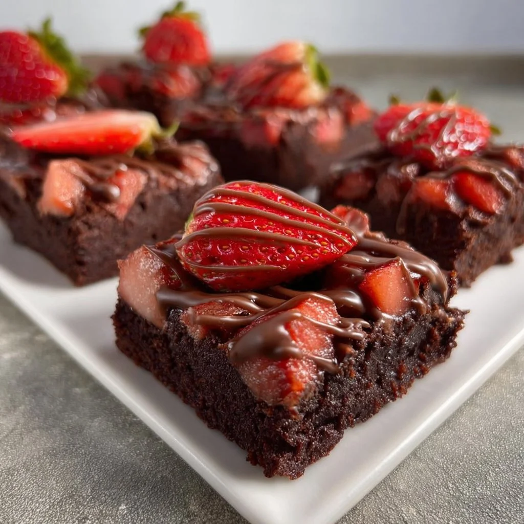 Delicious Chocolate Covered Strawberry Brownies topped with fresh strawberries.
