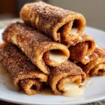 Cinnamon Sugar French Toast Roll-Ups on a plate, drizzled with syrup.