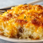 Delicious classic breakfast hashbrown casserole served warm with toppings.