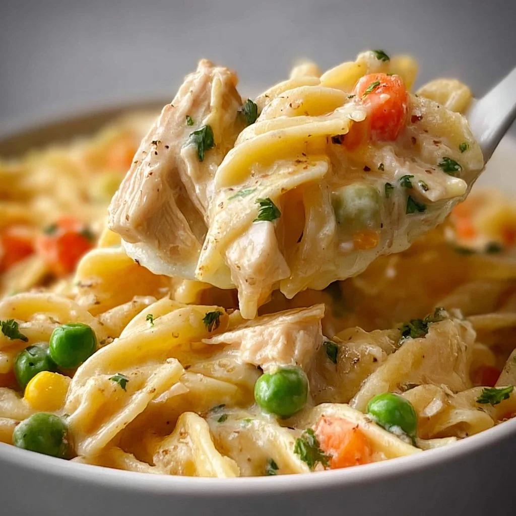 Classic Chicken Pot Pie Pasta dish with creamy sauce and vegetables