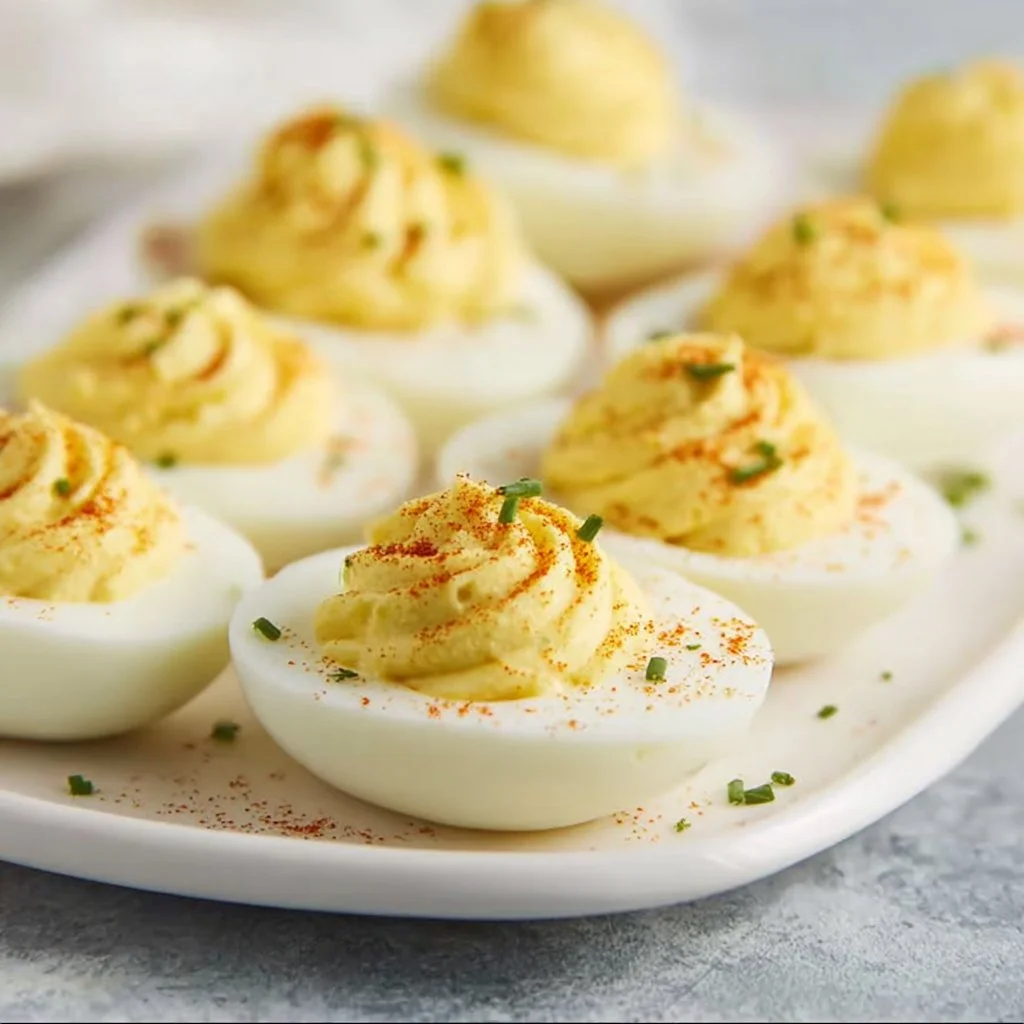 Classic deviled eggs garnished with paprika and herbs on a platter.