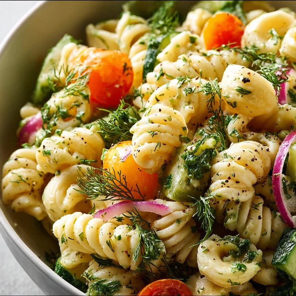 Classic high protein dill pickle pasta salad in a bowl