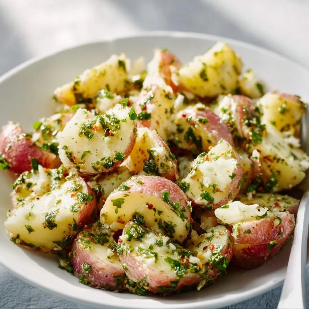 Bowl of Classic Italian Potato Salad garnished with fresh herbs