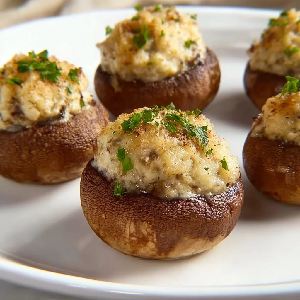 Plate of classic stuffed mushrooms with herbs and cheese ready to serve.