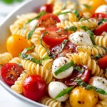 Colorful Caprese Pasta Salad 3 Colorful Caprese Pasta Salad with fresh tomatoes, mozzarella, and basil.