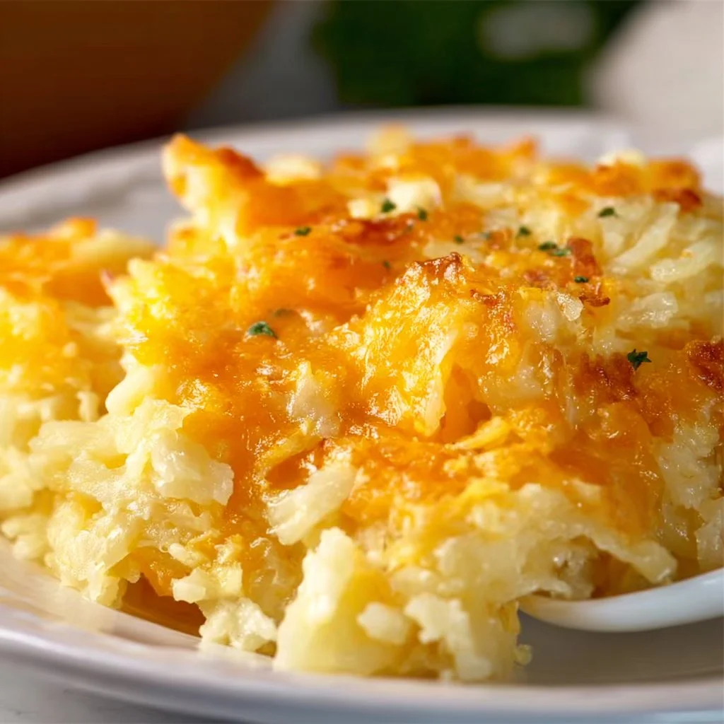 Delicious copycat Cracker Barrel hashbrown casserole topped with cheese and crispy edges