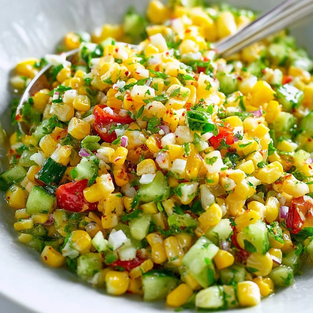 Colorful corn salad with fresh vegetables in a bowl