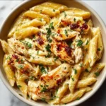 A plate of Crac Chicken Penne featuring creamy pasta and grilled chicken.