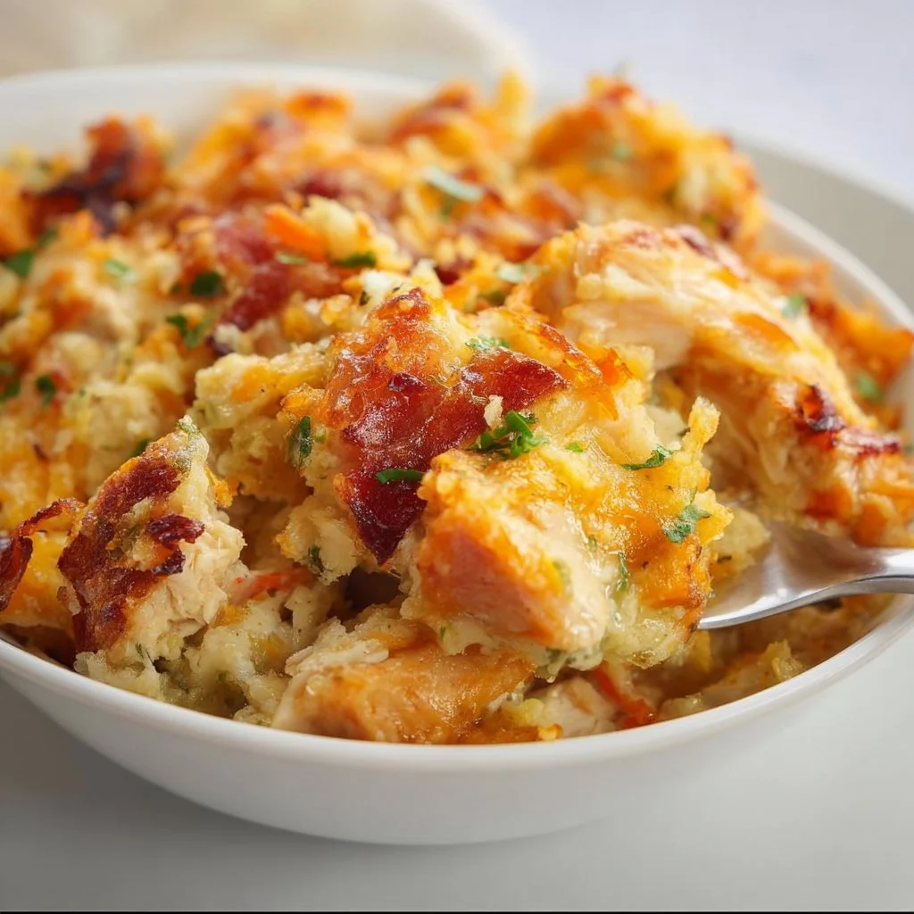 Delicious Crack Chicken Casserole topped with cheese and herbs