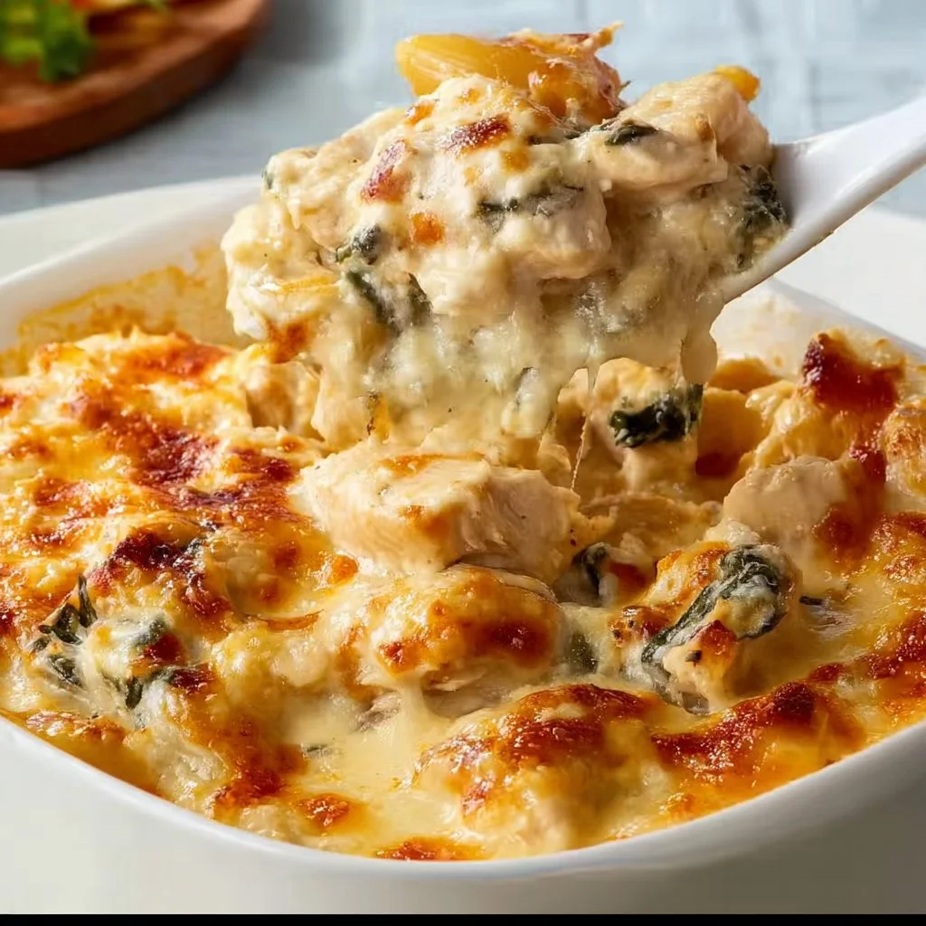 Creamy chicken and cheese casserole topped with crispy breadcrumbs