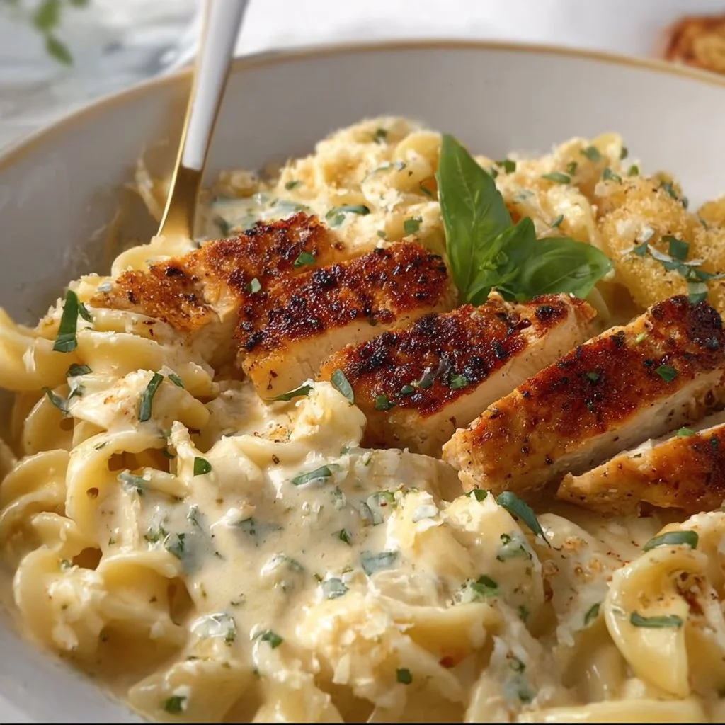 Delicious creamy chicken garlic parmesan pasta served in a bowl
