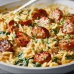 Creamy chicken sausage orzo dish topped with herbs and spices in a bowl.