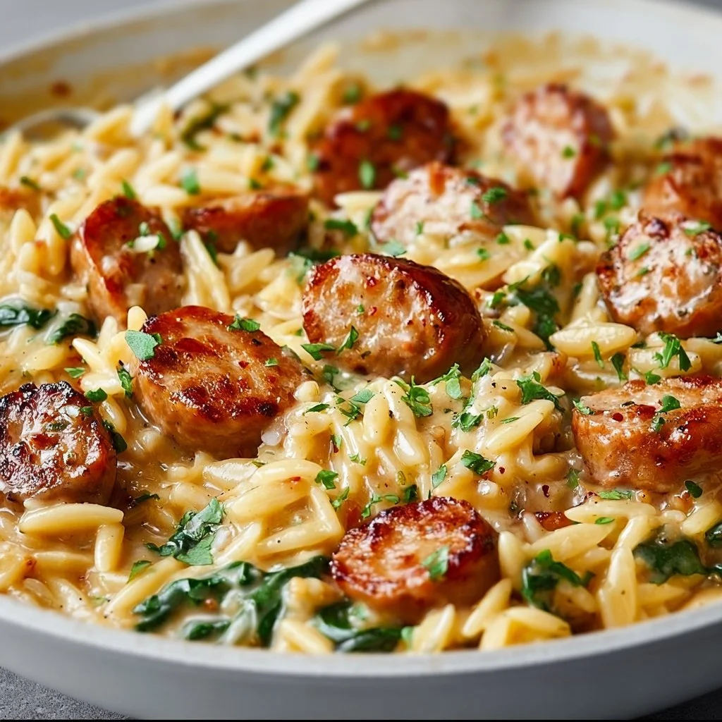 Creamy chicken sausage orzo dish topped with herbs and spices in a bowl.