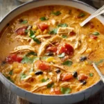 Bowl of creamy chicken tortilla soup topped with tortilla strips and cilantro