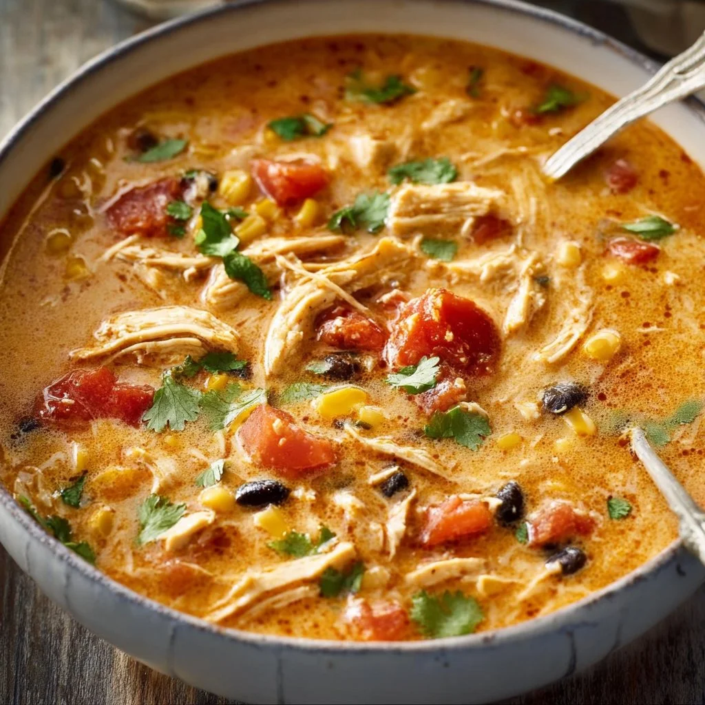 Bowl of creamy chicken tortilla soup topped with tortilla strips and cilantro