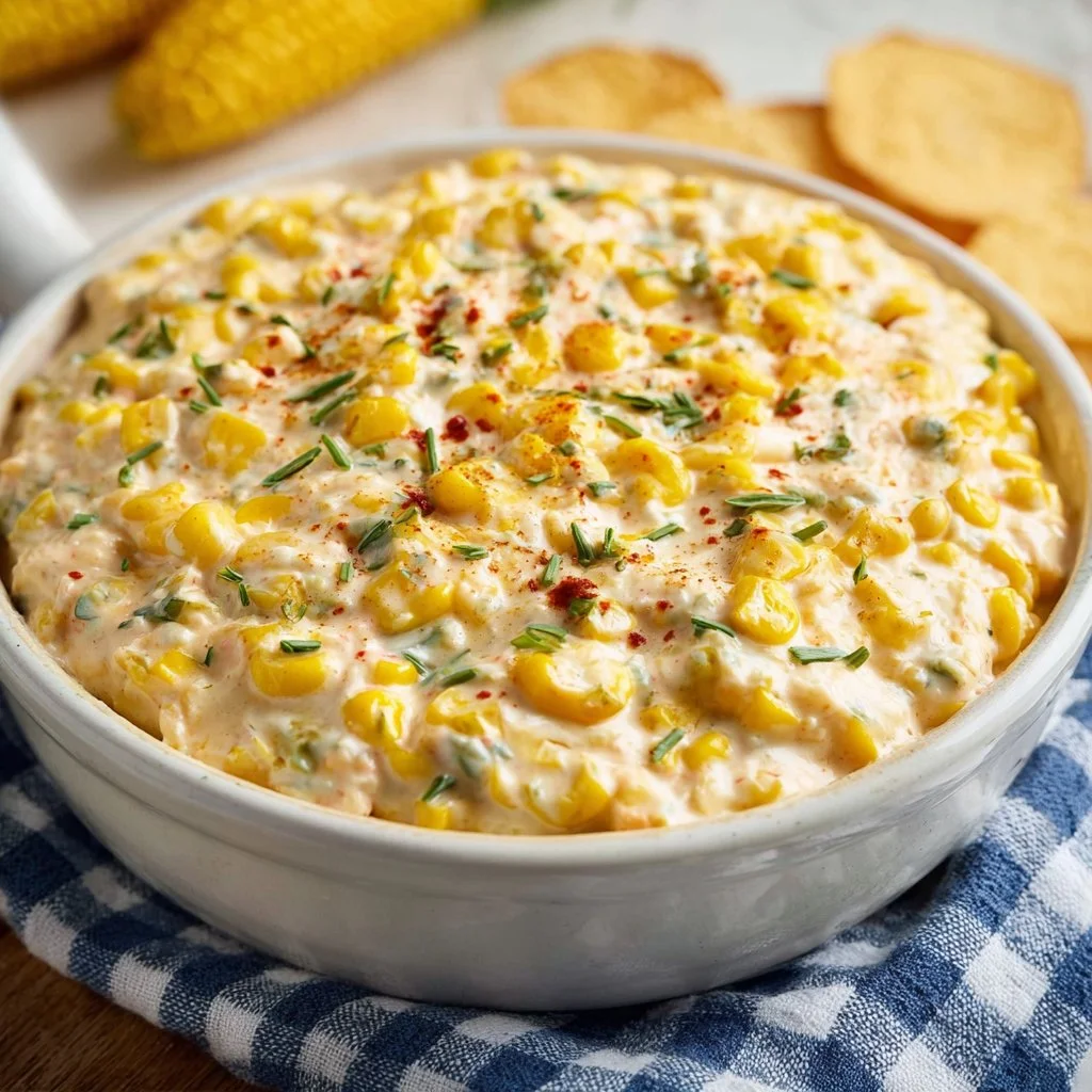Delicious creamy corn dip served in a bowl with tortilla chips on the side