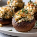 Creamy garlic and herb cheese filled roasted mushrooms ready to serve