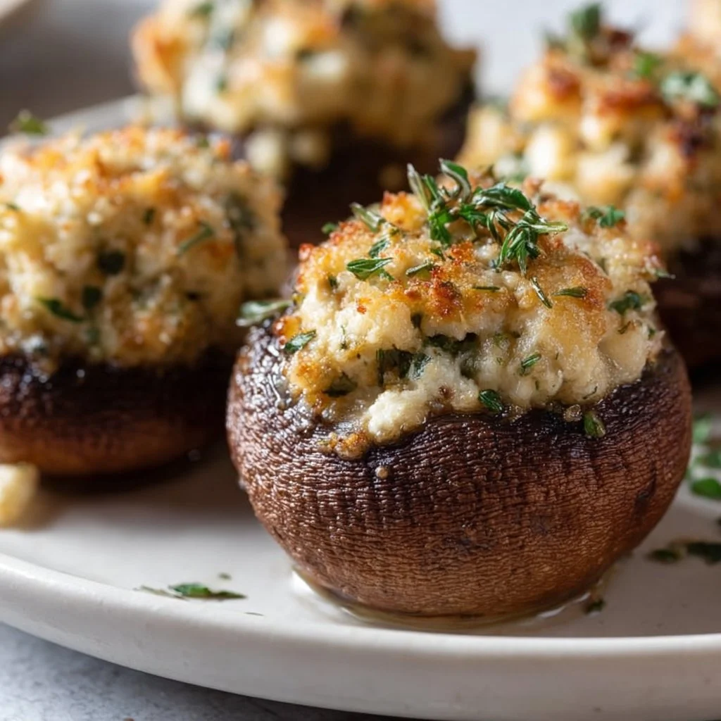 Creamy garlic and herb cheese filled roasted mushrooms ready to serve