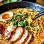Bowl of creamy garlic chicken ramen topped with green onions and garlic