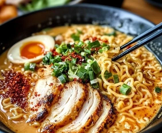 Bowl of creamy garlic chicken ramen topped with green onions and garlic
