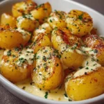 Creamy garlic sauce potatoes ready to serve on a plate.