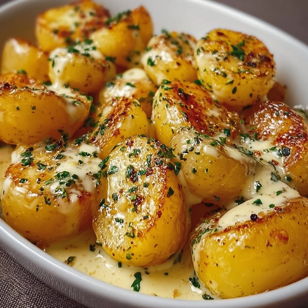Creamy garlic sauce potatoes ready to serve on a plate.