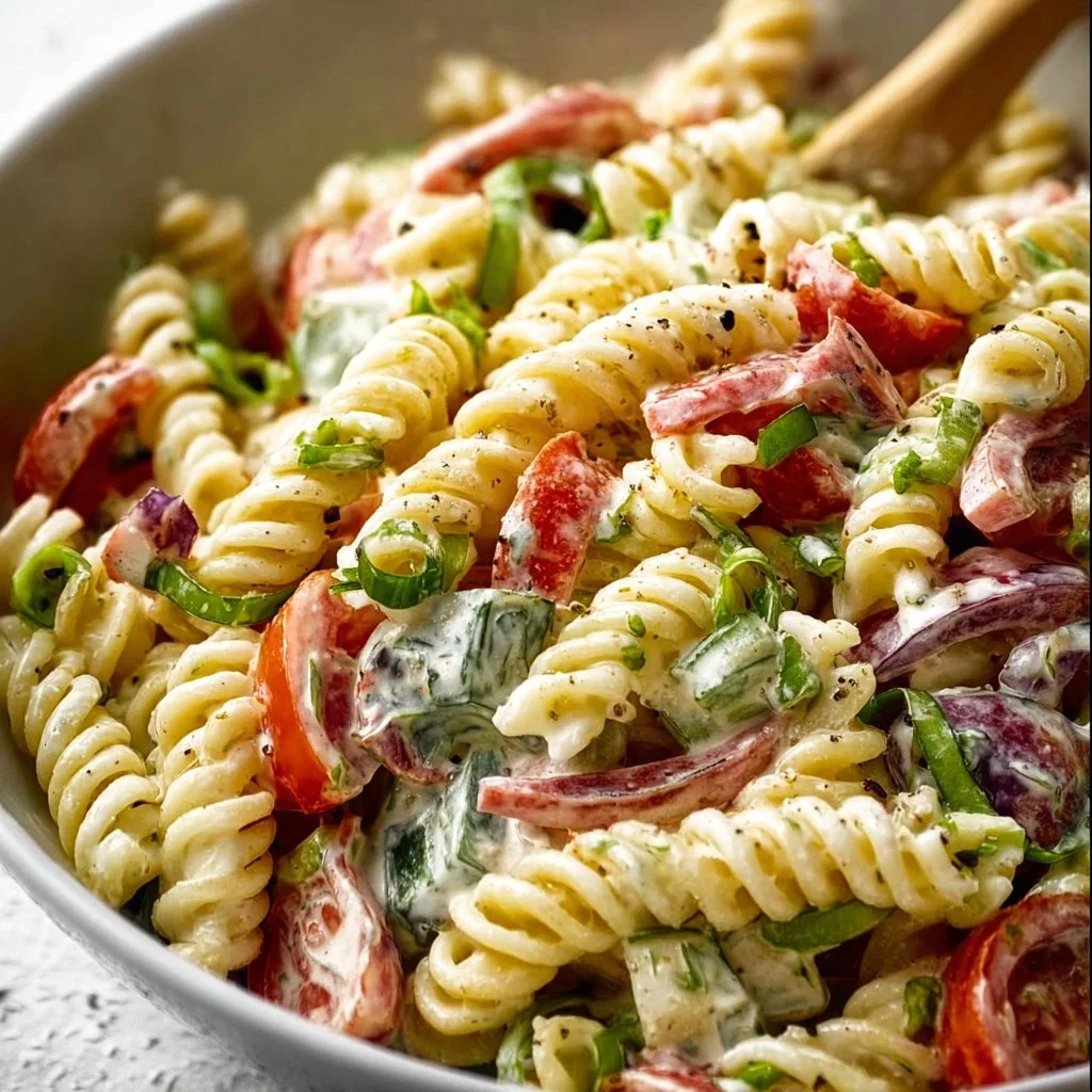 Creamy Italian pasta salad with vibrant vegetables and dressing