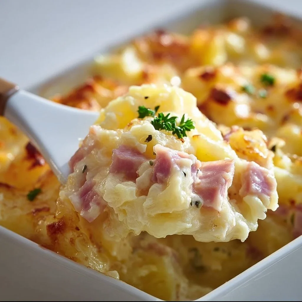 Creamy ham potato casserole topped with cheese and herbs in a baking dish