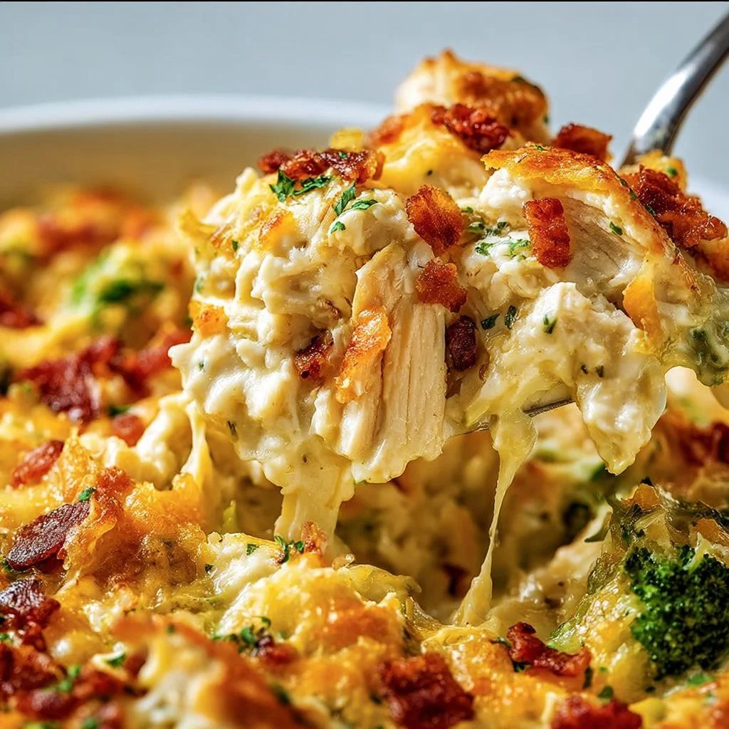 Creamy low carb chicken casserole baked dish with cheese and vegetables