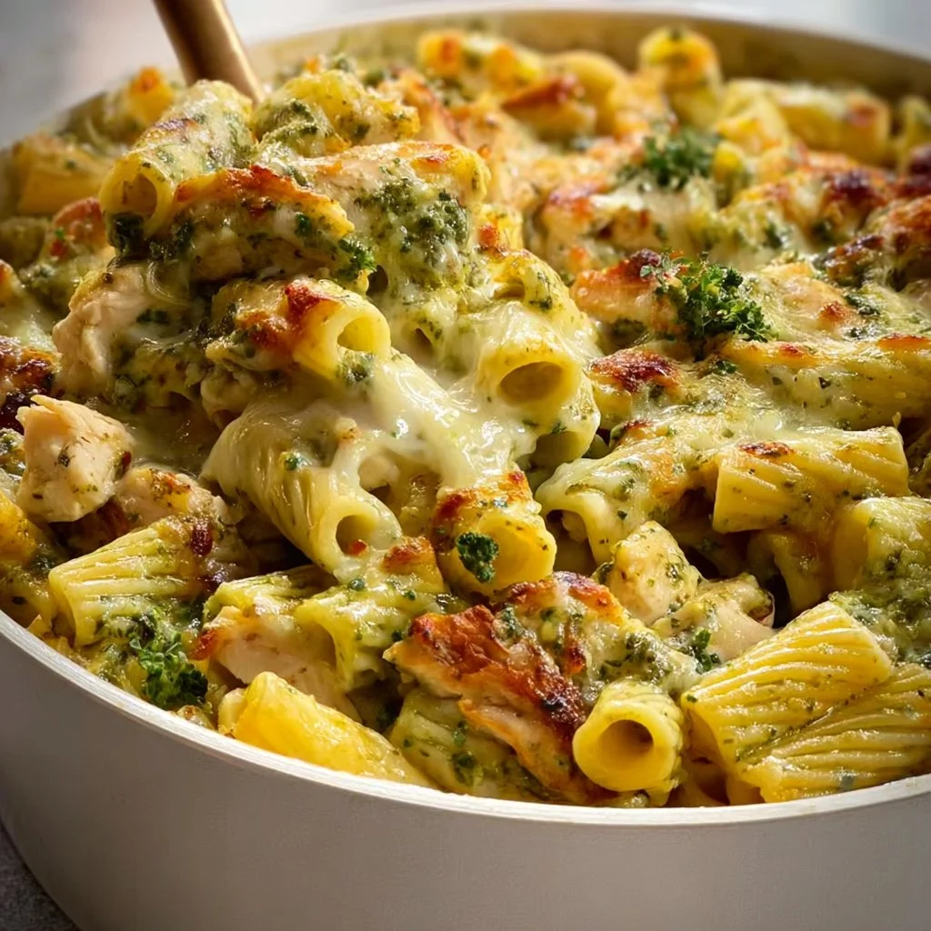 Creamy pesto chicken pasta bake with vibrant green sauce and grilled chicken