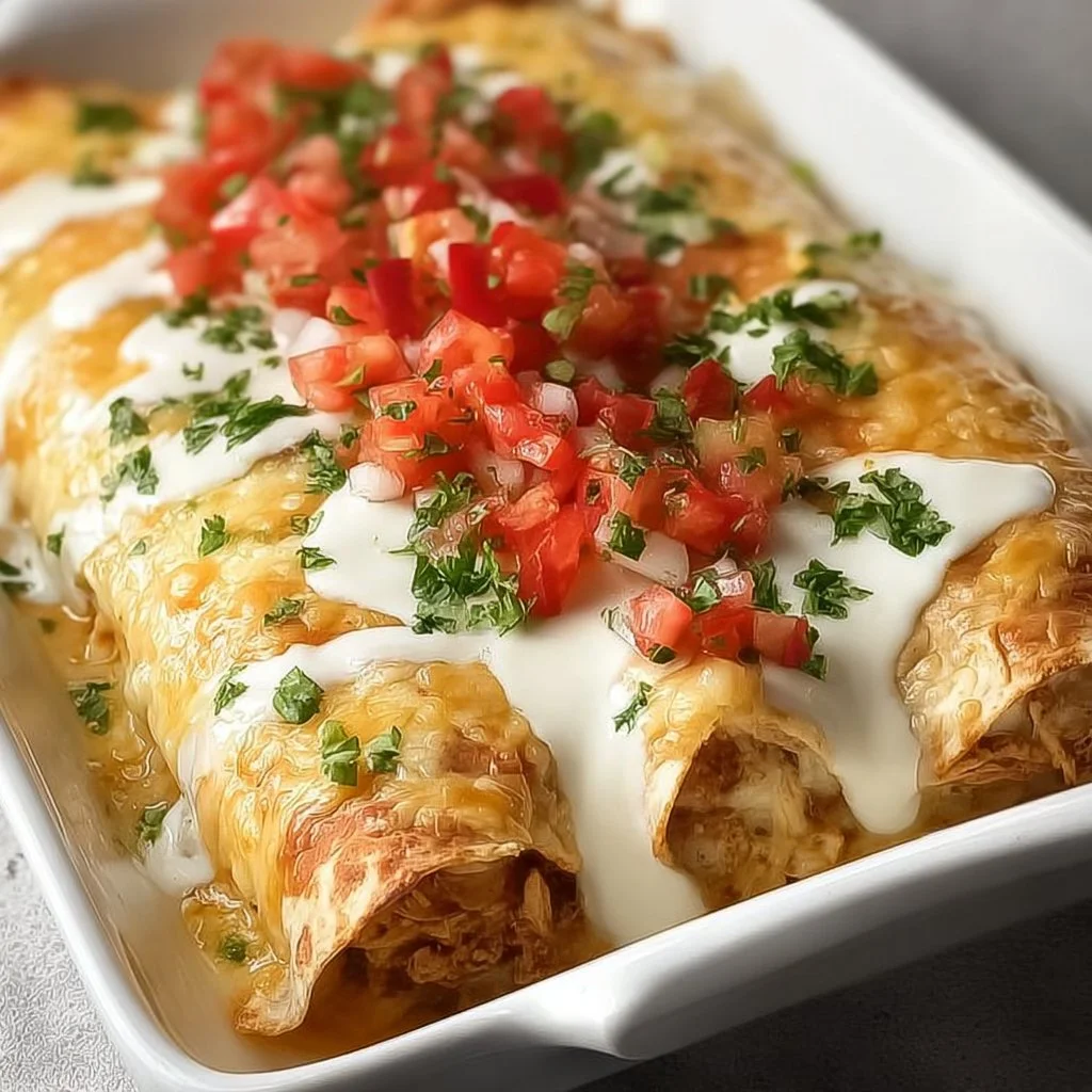 Creamy queso chicken enchiladas topped with cheese sauce and fresh herbs