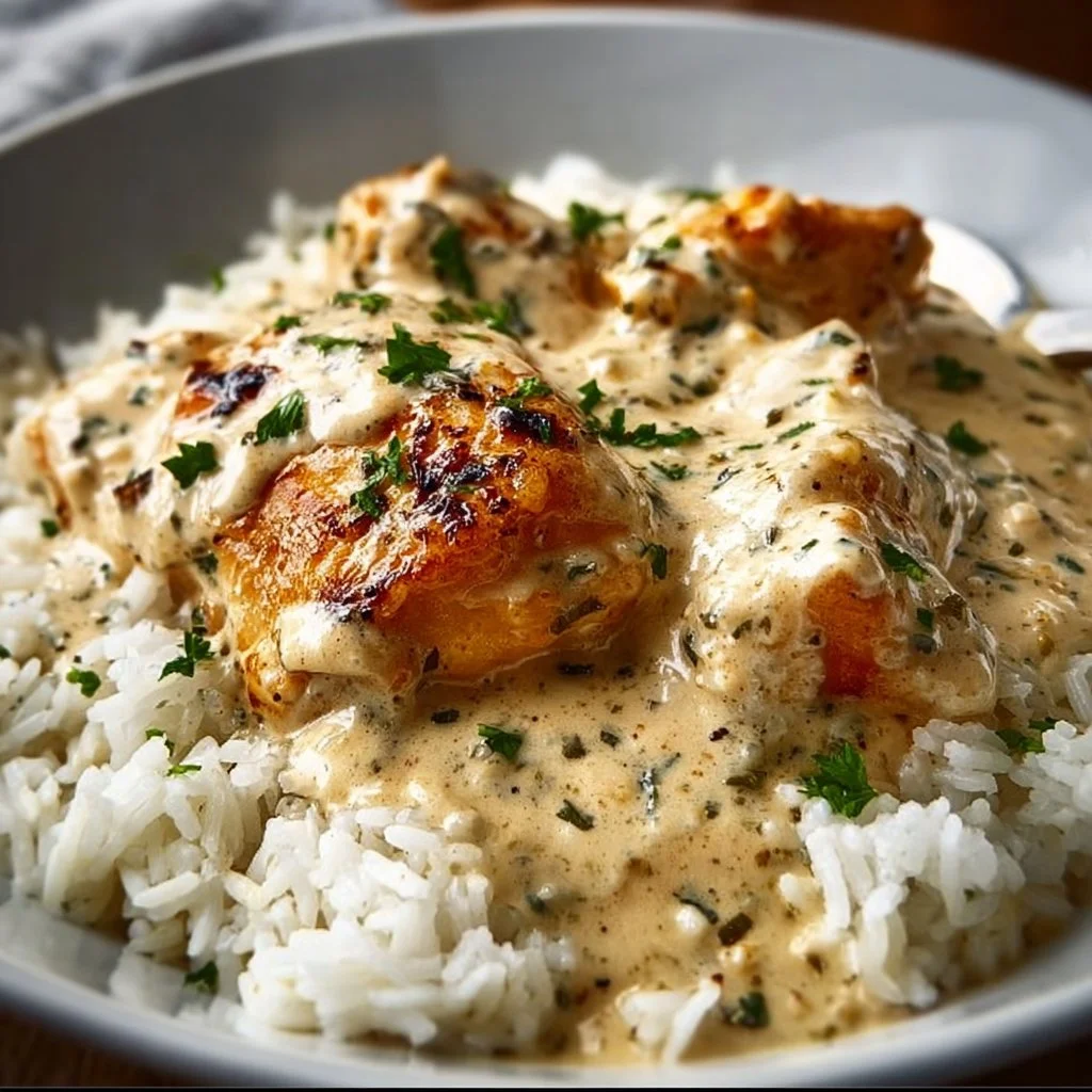 Delicious creamy smothered chicken served over rice in a comforting dish