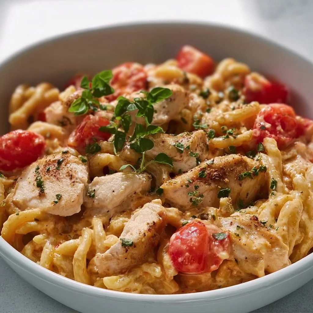 Creamy tomato chicken pasta served in a bowl, garnished with fresh herbs.
