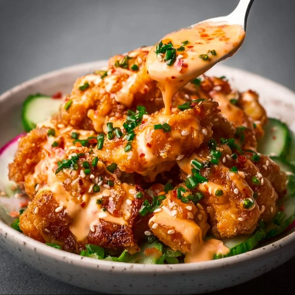 Crispy chicken served in creamy spicy sauce, a flavorful dish for spice enthusiasts.