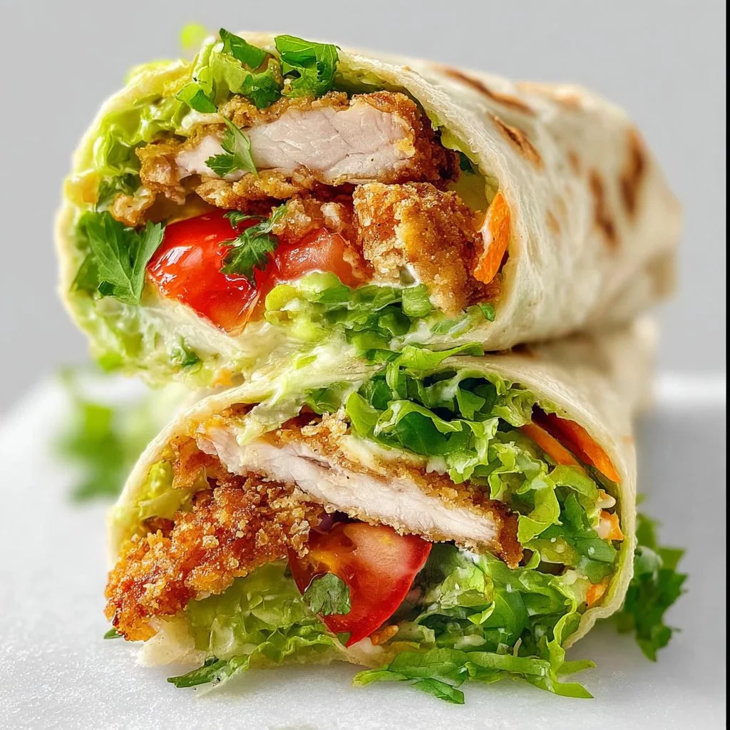 Delicious Crispy Chicken Wrap with fresh ingredients wrapped in a tortilla.