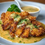 Delicious crispy Parmesan chicken served with herbs and spices