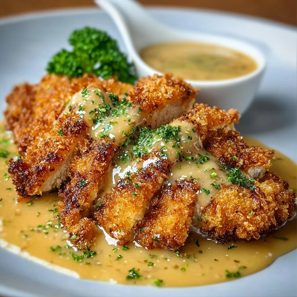 Delicious crispy Parmesan chicken served with herbs and spices