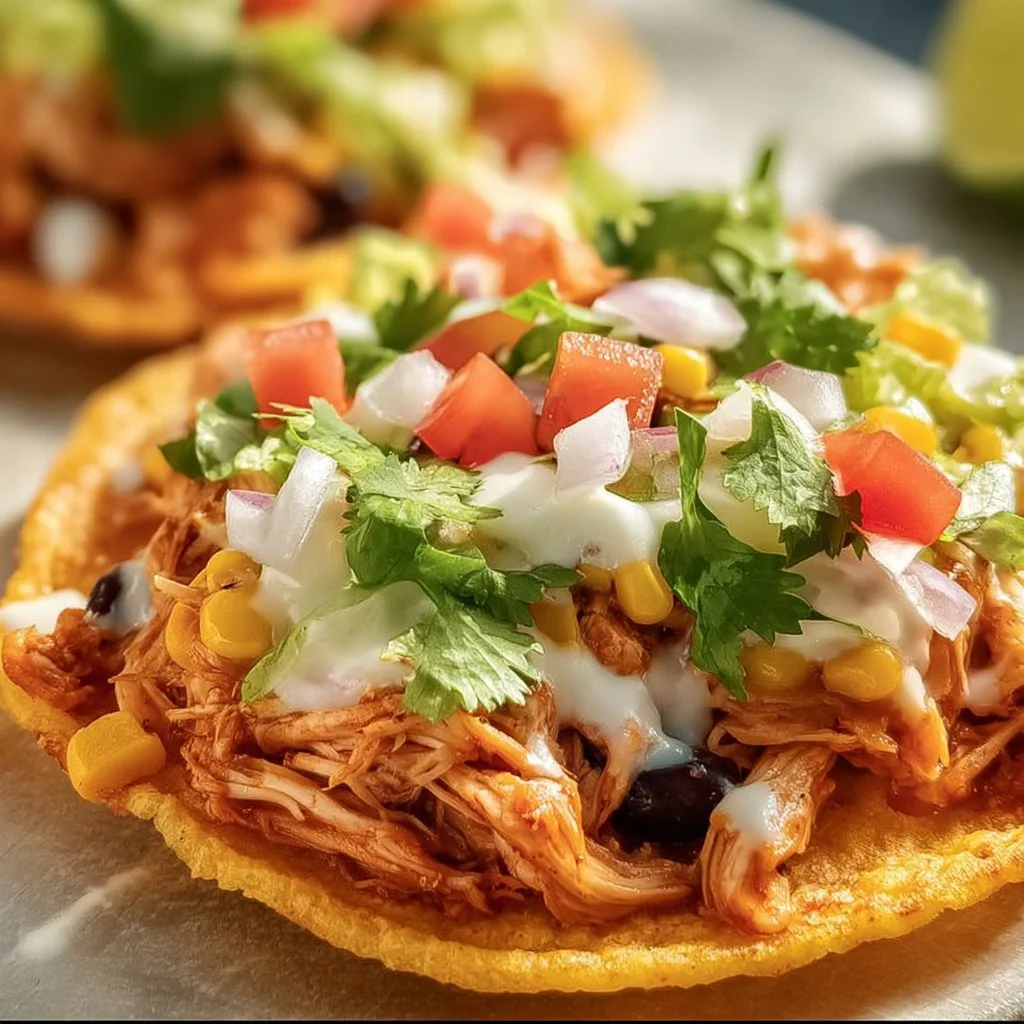 Crispy rotisserie chicken tostadas topped with fresh ingredients and served on a plate.